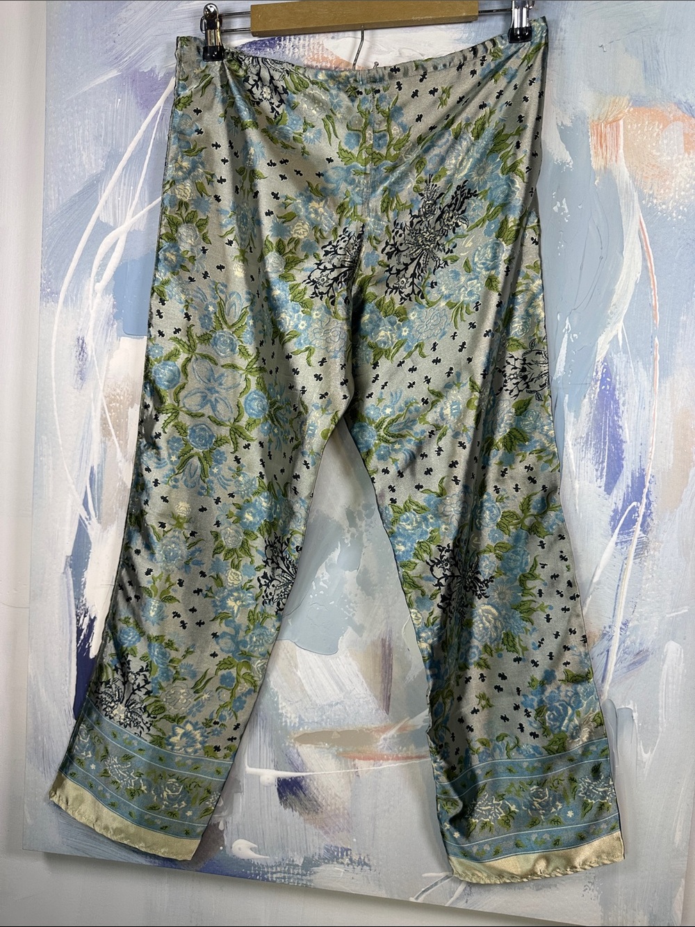 Arden B Floral Satin Bandana Pants XS Blue Green Cropped Straight Leg Y2K trendy - Picture 4 of 9